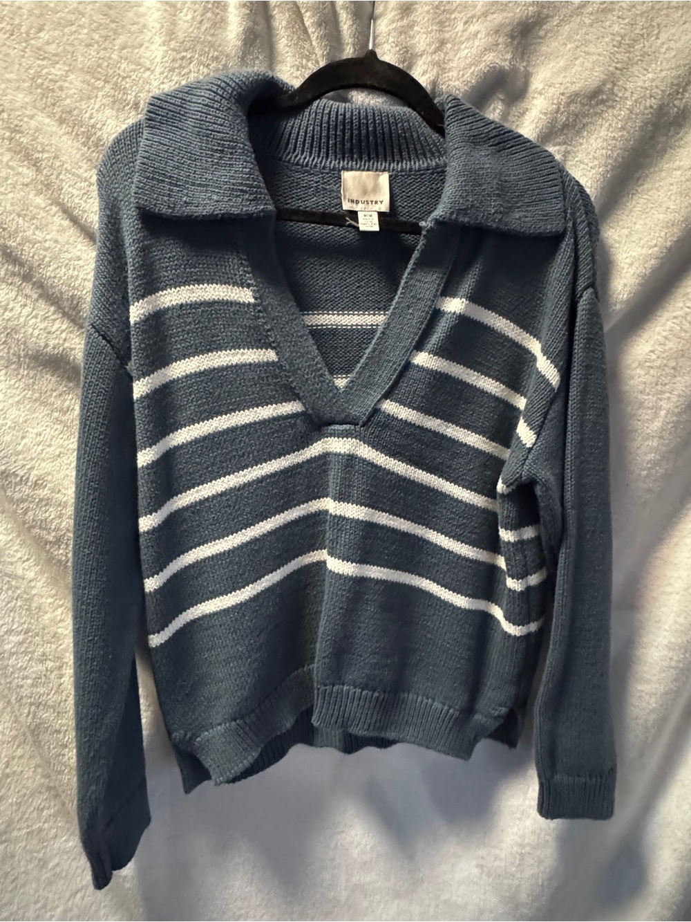 Industy Blue Striped V-Neck Collared Women's Sweater